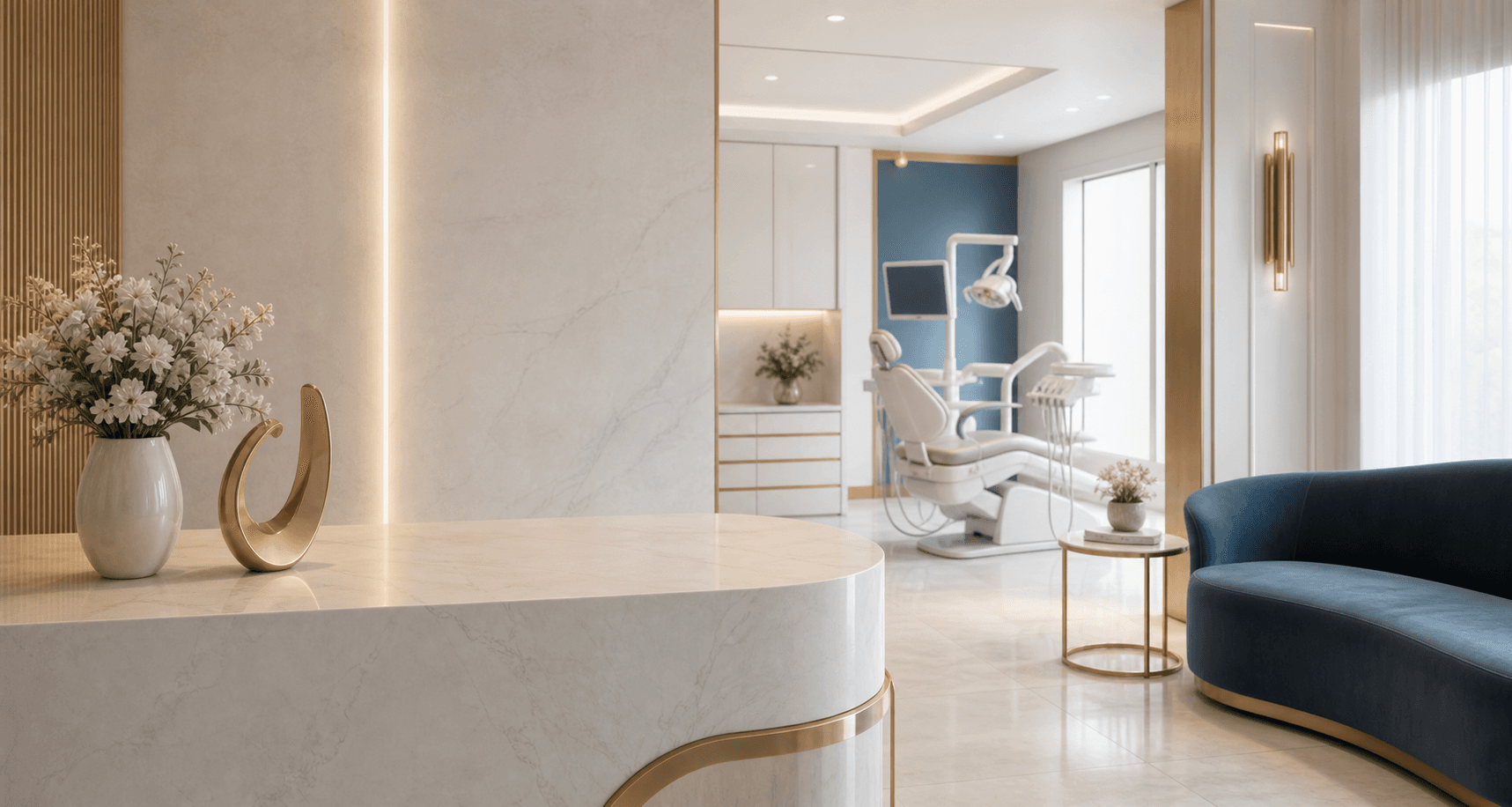 Ambiente elegante de clínica odontológica premium